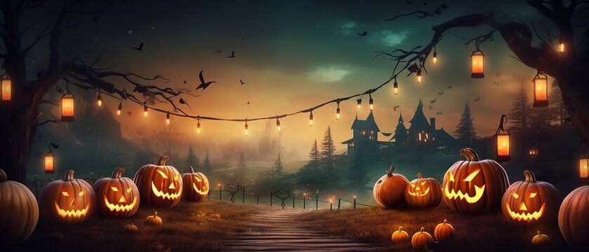 Happy Halloween. Halloween pumpkins. Wreath of halloween. Witch wearing hat. Ai Generated.