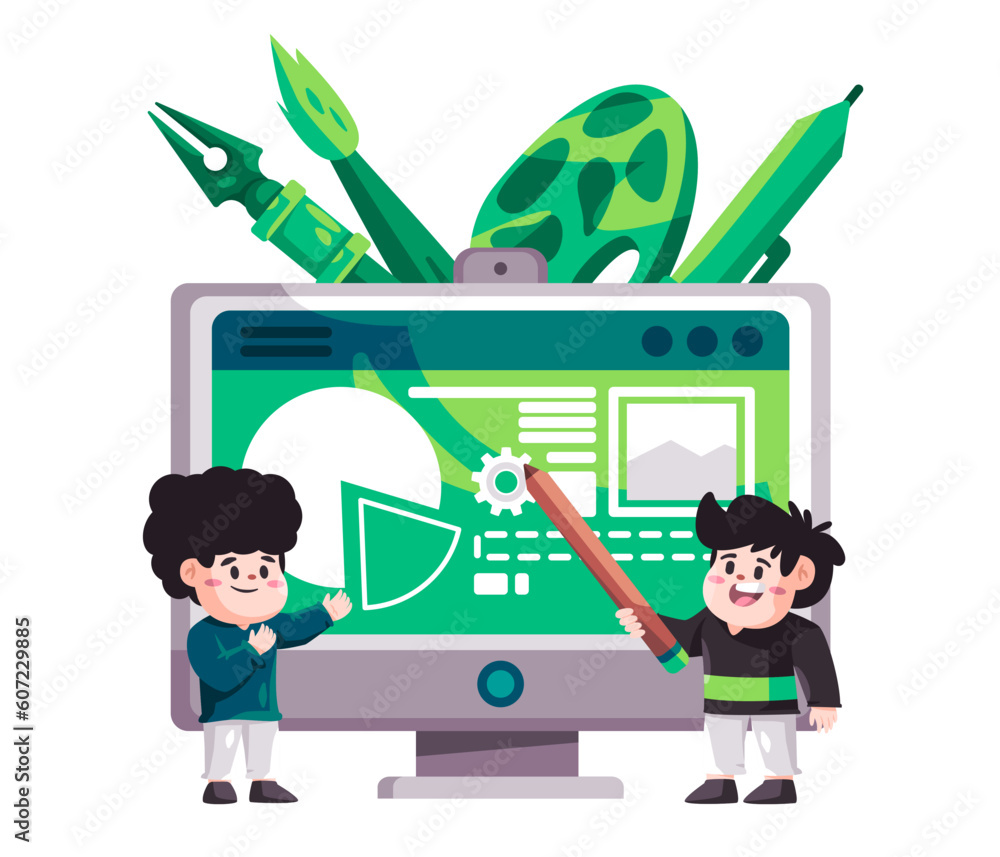 Poster graphic designer working with tools friends talking discuss teaching software in computer screen
