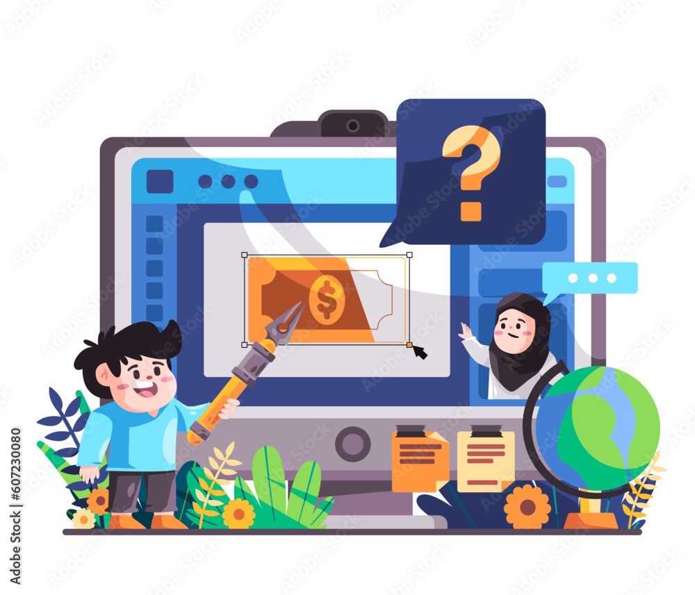 Poster graphic designer making money working with tools friends talking discuss teaching software in comput