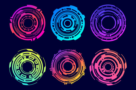 HUD futuristic elements. Abstract optical neon aim. Circle geometric shapes for virtual interface and games. Camera viewfinder for sniper weapon. Vector set