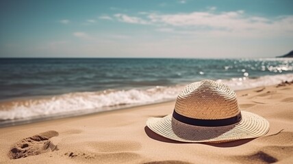 Fototapeta na wymiar Straw hat on a beach, time for a summer vacation Generative AI