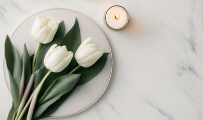 Lit Candles and white tulips on marble table Generative AI