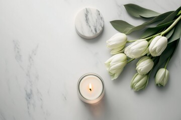 Obraz na płótnie Canvas Lit Candles and white tulips on marble table Generative AI