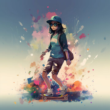 An illustration of a cute asian girl, riding on a skateboard and wears a hat and sunglasses. Colorful splashes in the background.
