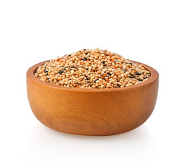 Mixture of seeds and cereals for the maintenance of budgies. on white background