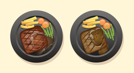 Juicy tasty steak on a black plate vector illustration
