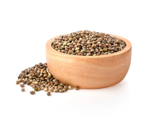 hemp seeds in wooden bowl on white background.