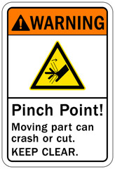 Moving machinery warning sign and label pinch point. Moving part can crash or cut. Keep clear