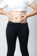 Women with abdominal fat, obesity problems, fat accumulation, diet, exercise, weight loss,...