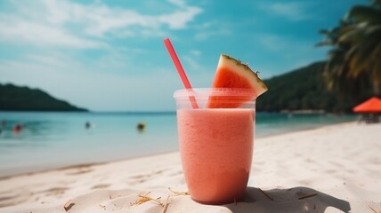 Obraz premium Delicious watermelon cocktail, smoothie on the beach Generative AI