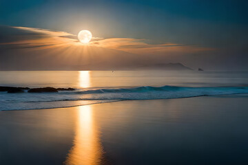 Fototapeta na wymiar Moonlight in ocean landscape. Bright full moon over the sea