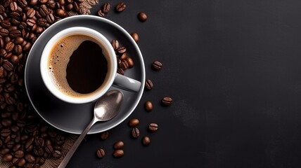 Delicious cup of coffee and beans with black background Generative AI