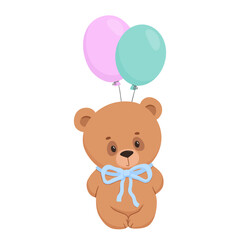 bear with bow and balloons. Vector cartoon illustration isolated on white