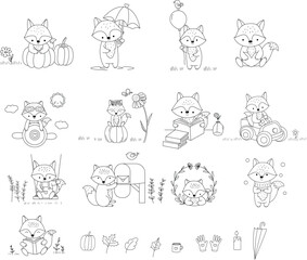 Fox cartoon character Big set outline hand drawn style, for printing,card, t shirt,banner,product.vector illustration