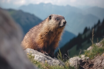Wild marmot in its natural environment of mountains, generative AI