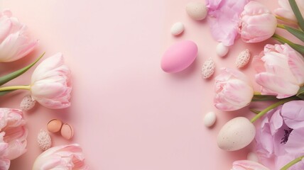 Naklejka na ściany i meble Beautiful pink tulips and zen stones with copy space Generative AI