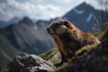 Wild marmot in its natural environment of mountains, generative AI