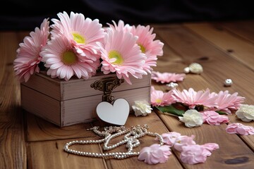 white roses and pink daisies next to a pink box on a wooden floor Generative AI