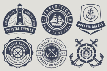 Nautical ship anchor and vintage coastal icons, ocean spirit, and seafarer captain signs. 
Sailing on a small boat. Ocean Explorer vintage badge logo silhouette.