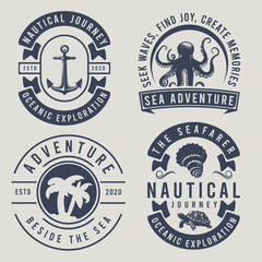Nautical thematic big set of vector emblems, labels, badges, or logos in retro monochrome style. The concept for Nautical labels, vintage logos, adventure badges, t-shirt prints, or stamps.
