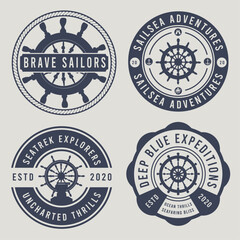 Set Bundle of Ship wheel  Luxury Badge Vector Logo, Illustration Vintage Design. Sailor naval vector vintage label, badge, or emblem in monochrome style.