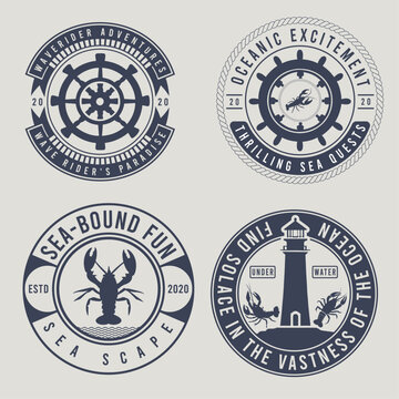 Vintage nautical and crayfish labels. Monochrome logos of sea and sailing. Pirate label with watchtowers and ship wheel illustration. 