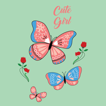 illustration design of cute butterfly with background for kids shirts