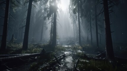 Obraz premium Dense Raining Forest Landscape With Puddle Wallpaper Generated AI