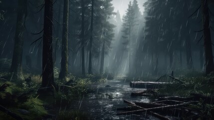 Obraz premium Dense Raining Forest Landscape With Puddle Wallpaper Generated AI