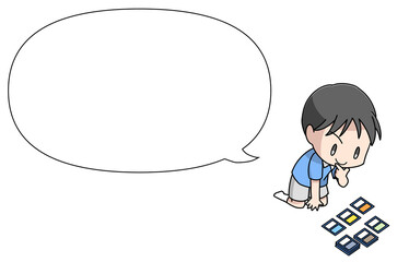 トレーディングカードのデッキを組む男の子・フキダシ付き