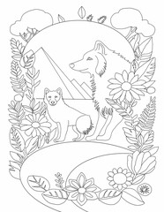 Wolf floral black and white line art for coloring book 