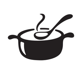 Black pot and ladle draw, cooking soup, boiling stew pot, vector