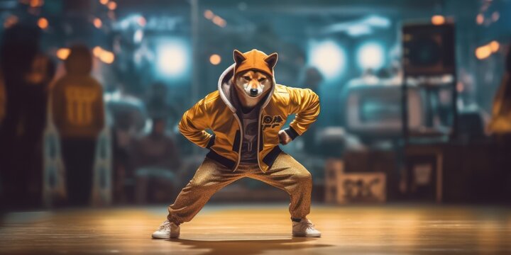 Shiba inu Japanese Dog Wearing Hip hop Suit Dancing Bboy on the Stage. Generative Ai