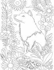 Wolf line art with floral background 