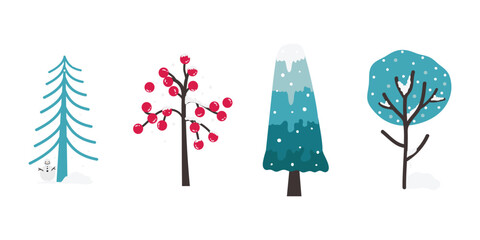 Cartoon Winter Tree Illustration. Winter snow-covered trees. Elements for the Christmas scene. Colorful Trees vector illustration in flat cartoon style.