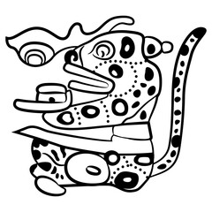 Stylized sitting jaguar. Native American ethnic animal design of Maya Indians. Black and white silhouette.