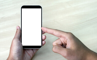 Close up smartphone with white screen on man hand.