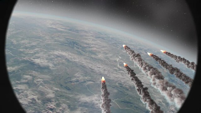 Burning Asteroids or missiles over earth, Space shuttle window view
Cinematic view of Meteors asteroids burning over earth seeing from shuttle window
