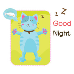 Vector illustration character design blue cat happy sleeping. With a good night message.