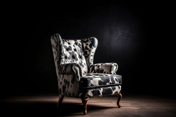Cow pattern upholstery armchair in a dark room, Generative AI