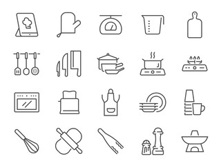 Kitchenware icon set. It included utensils, kitchen, pot, pan, microwave and more icons. Editable Stroke.
