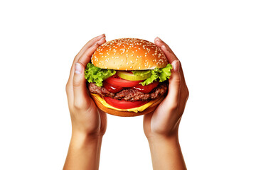 Hands holding a hamburger isolated on white background. Created with Generative AI Technology