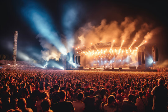 A Large Concert Crowd With Their Hands Raised In Front Of Stage. People Standing At A Festival With Lights On.