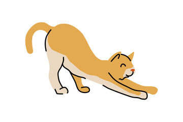 Adorable Cat Stretching. Charming Yellow Cream Colored Flat Vector Illustration