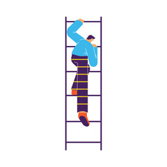 Man going down fire escape flat style, vector illustration