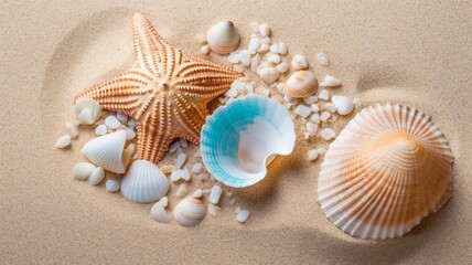 Fototapeta na wymiar Seashell starfish and beach sand on blue background. Generative AI