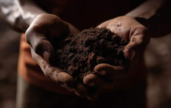 Farmer holding soil in hands close-up. Male hands touching soil on the field. Agriculture, gardening or ecology concept. Generative AI