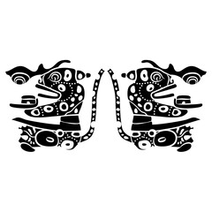 Symmetrical animal design with two stylized sitting jaguars. Native American ethnic design of Maya Indians. Black and white silhouette.