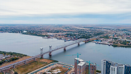 Astrakhan, Russia. Bridge over the Volga river. Old bridge. Twilight, Aerial View