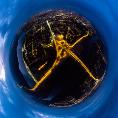 Kaluga, Russia. Gagarin interchange. Gagarinsky bridge. Night city. 360 degree aerial panoramic...